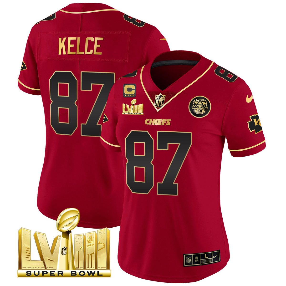 Women's Chiefs Super Bowl LVIII Gold Patch Vapor Jersey - All Stitched - Red Special - Travis Kelce — view 1