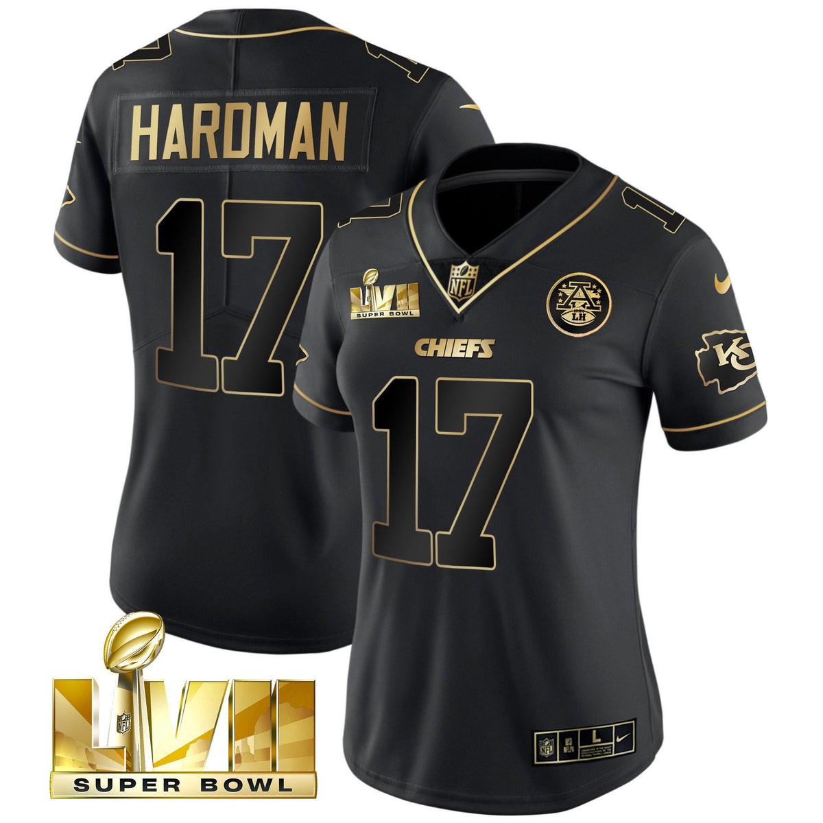 Women's Chiefs Super Bowl Vapor Gold Jersey - All Stitched - Black Gold - Mecole Hardman — view 1