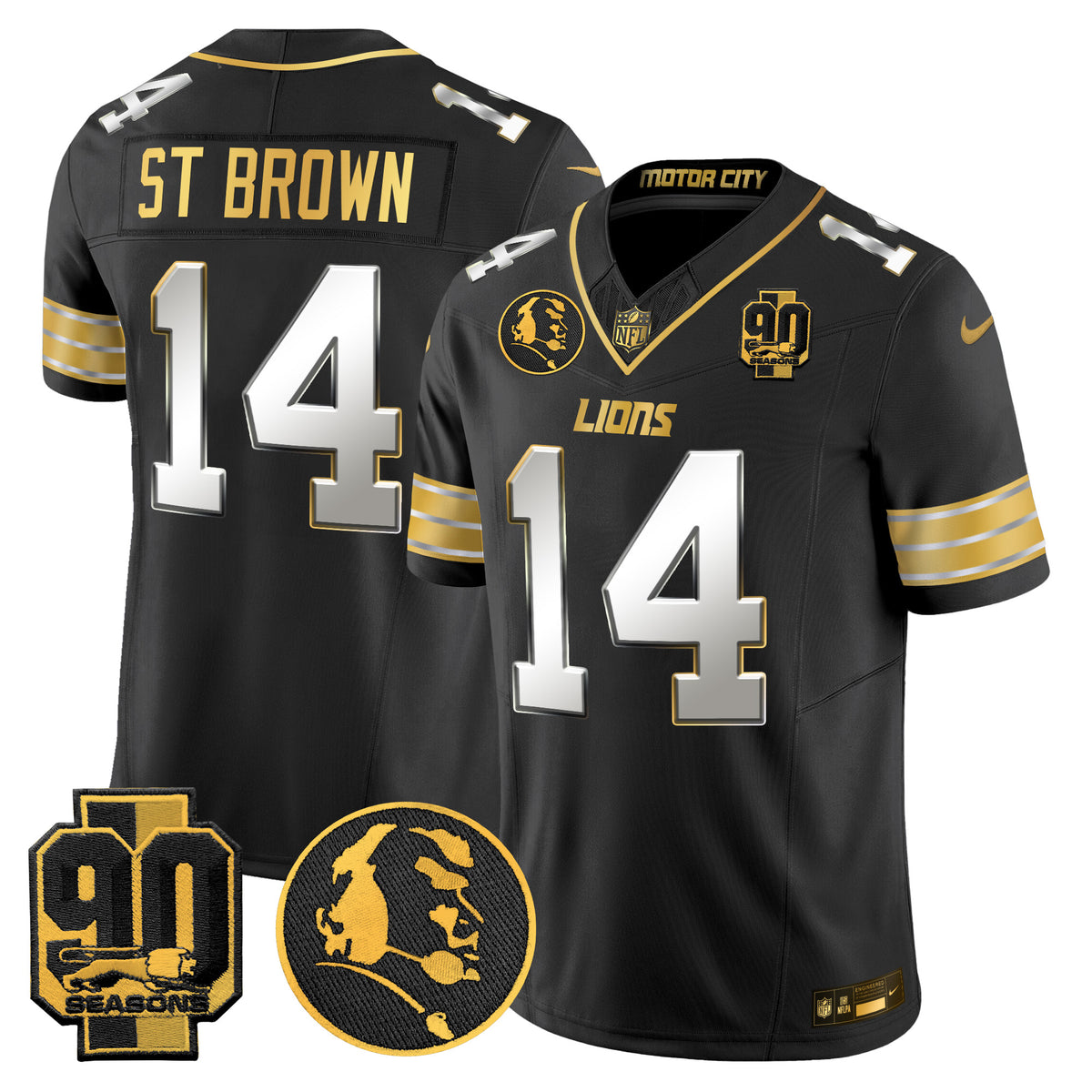 Men's Detroit Lions 2024 90th & John Madden Patch Gold Vapor Limited Jersey - All Stitched - Black Limited - St. Brown — view 1