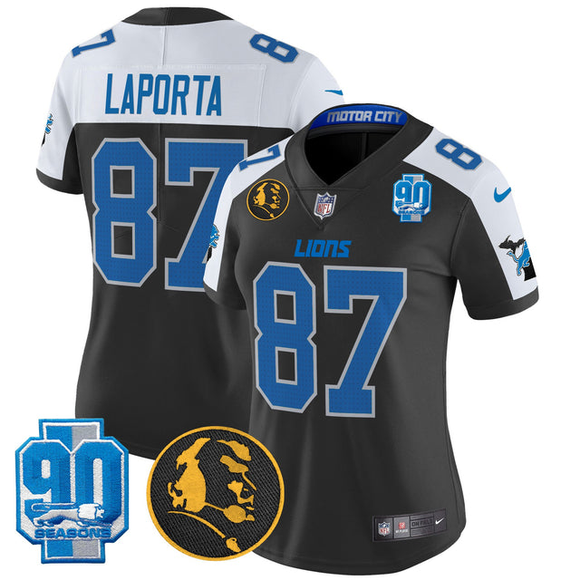 Women's Detroit Lions 2024 90th & John Madden Patch Vapor Limited Jersey - All Stitched - Black Alternate - Sam Laporta — view 1