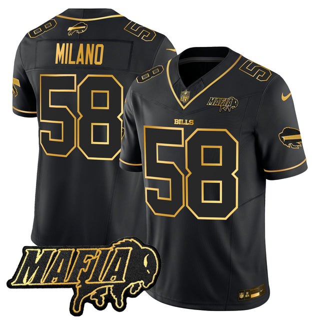 Men's Buffalo Bills 2025 Bills Mafia Patch Gold Vapor Limited Jersey - All Stitched - Black Gold - Matt Milano — view 1