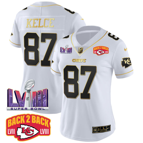 Women's Chiefs Super Bowl LVIII & Back 2 Back Patch Vapor Jersey V2 - All Stitched - White Gold - Travis Kelce — view 1