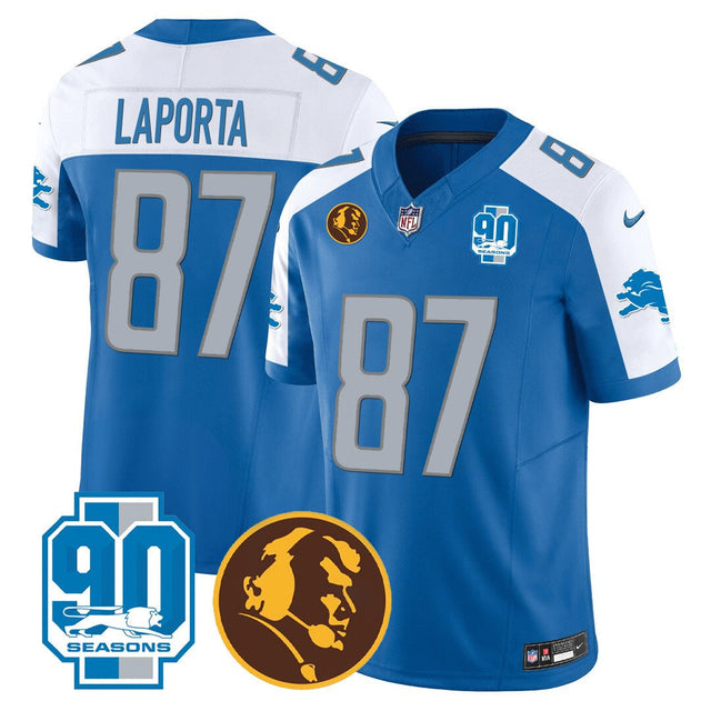 Men's Detroit Lions 90th & John Madden Patch Jersey - All Stitched - Blue Alternate - Sam Laporta — view 1