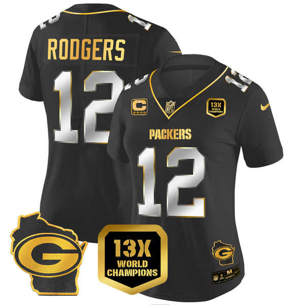 Women's Packers 13 Time World Champions & Home Patch Gold Vapor Jersey – All Stitched - Black Limited - Aaron Rodgers — view 1