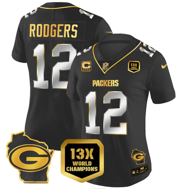 Women's Packers 13 Time World Champions & Home Patch Gold Vapor Jersey – All Stitched - Black Limited - Aaron Rodgers — view 1