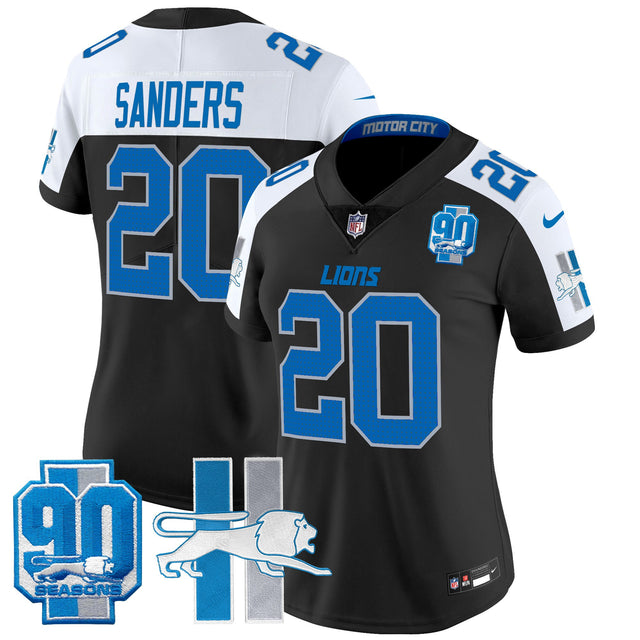 Women's Detroit Lions Throwback 90th Year Patch Vapor Limited Jersey - All Stitched - Black Alternate - Barry Sanders — view 1