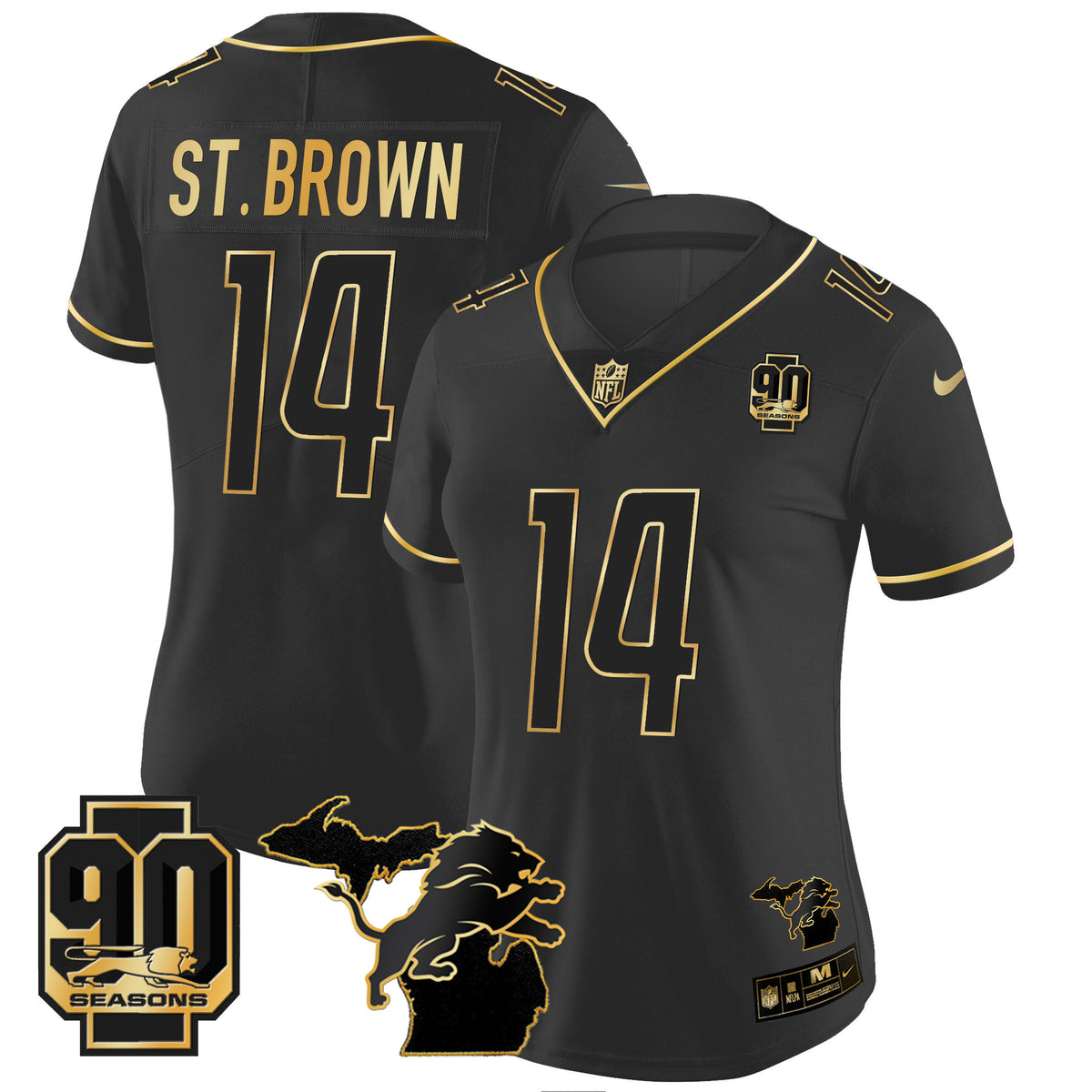 Women's Detroit Lions 90th Year & Michigan Patch Gold Vapor Jersey - All Stitched - Black Gold - St. Brown — view 1