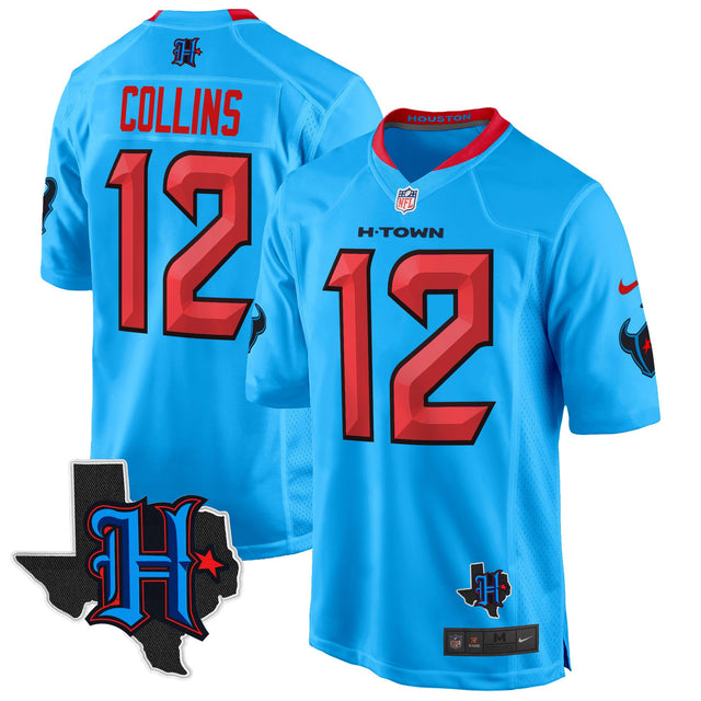 Men's Houston Texans 2024 Texas Patch Game Jersey - All Stitched - Blue - Nico Collins — view 1