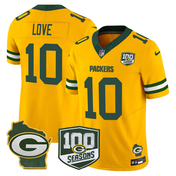 Men's Green Bay Packers 100th Season & Home Patch Vapor Limited Jersey - All Stitched - Gold - Jordan Love — view 1