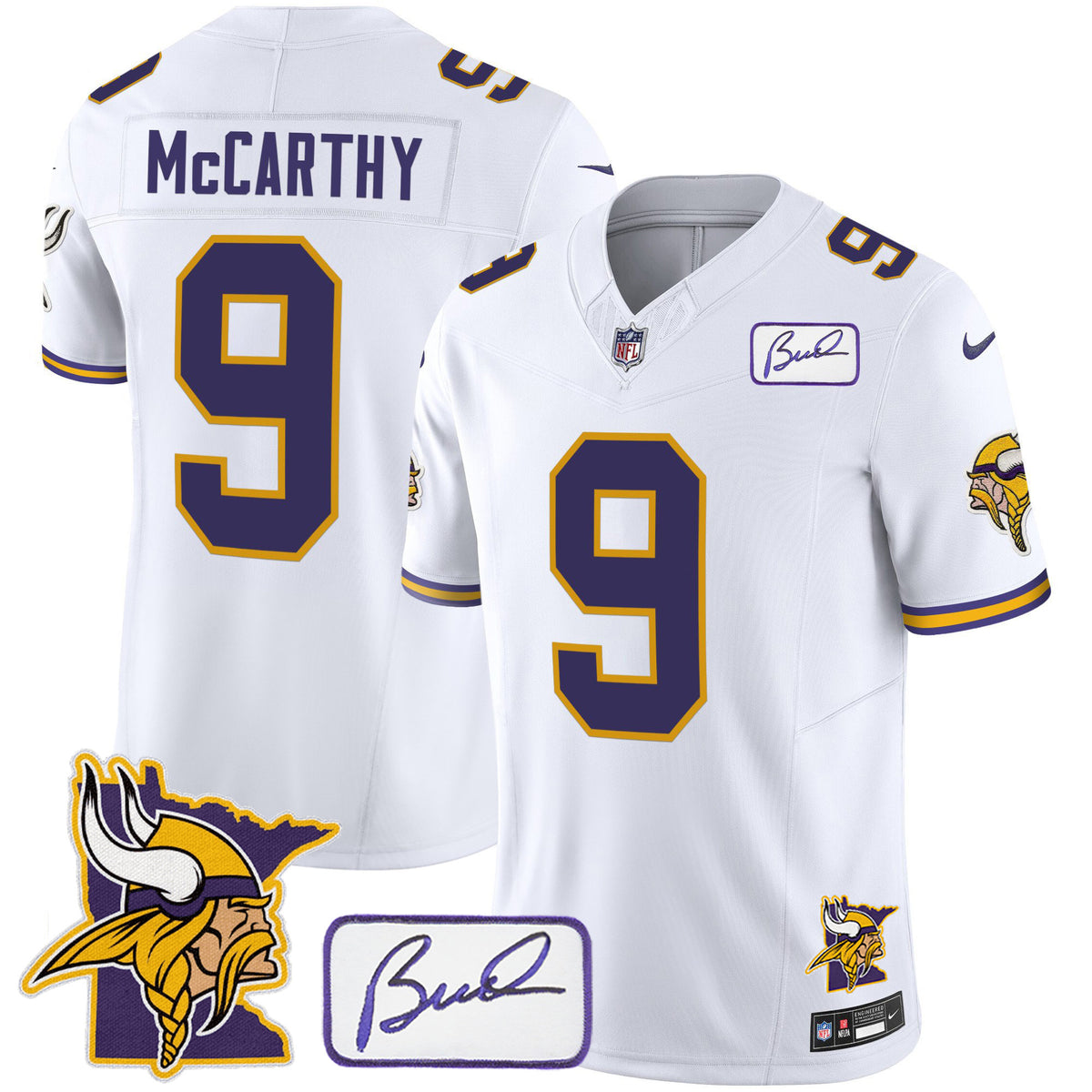 Men's Vikings Bud Grant & Minnesota Patch Classic Limited Jersey - All Stitched - White - J.J.Mccarthy — view 1