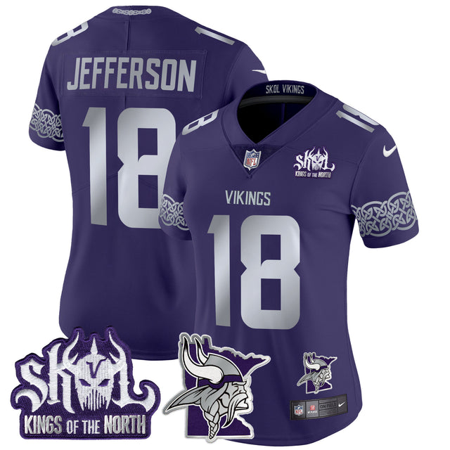 Women's Minnesota Vikings 2024 Winter Warrior Skol Patch Vapor Limited Jersey V2 - All Stitched - Purple - Justin Jefferson — view 1