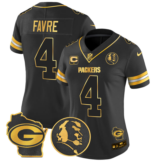 Women's Packers John Madden & Home Patch Gold Vapor Limited Jersey - All Stitched - Black Gold - Brett Favre — view 1