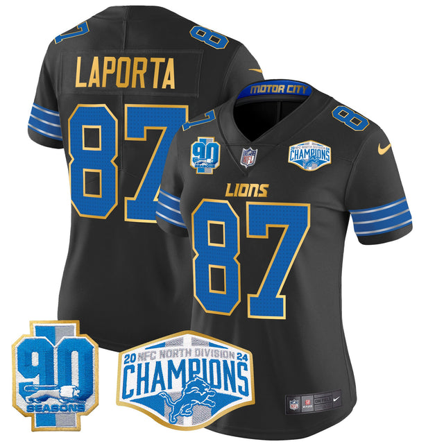 Women's Detroit Lions 2024 NFC North Division Champions Patch Gold Trim Vapor Limited Jersey - All Stitched - Black - Sam Laporta — view 1