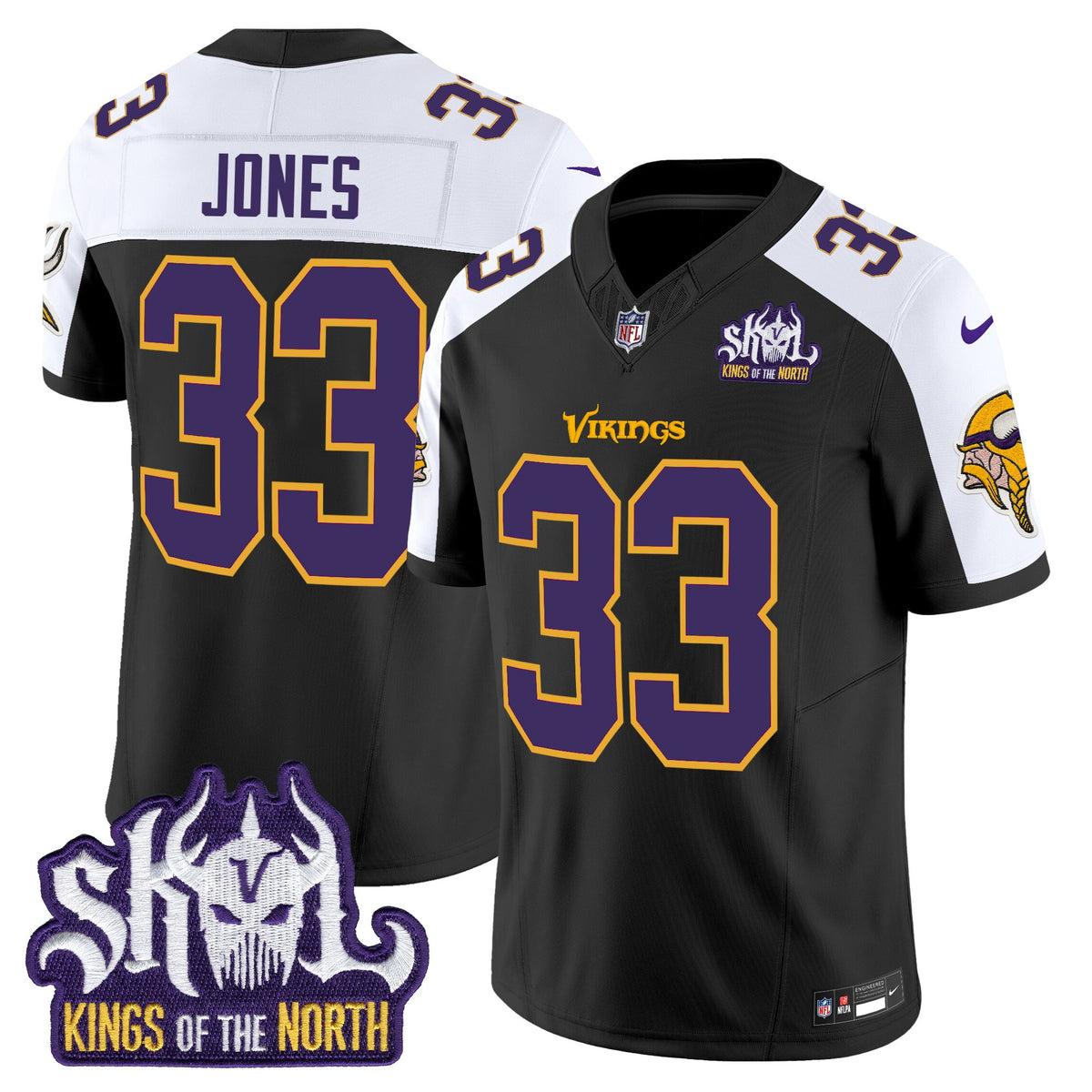 Men's Minnesota Vikings King Of The North Patch Throwback Vapor Limited Jersey V2 - All Stitched - Black Alternate - Aaron Jones — view 1
