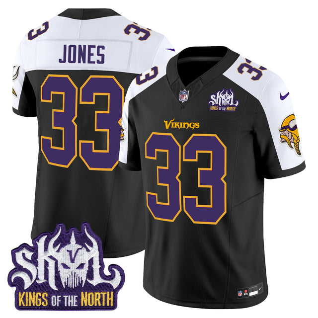 Men's Minnesota Vikings King Of The North Patch Throwback Vapor Limited Jersey V2 - All Stitched - Black Alternate - Aaron Jones — view 1