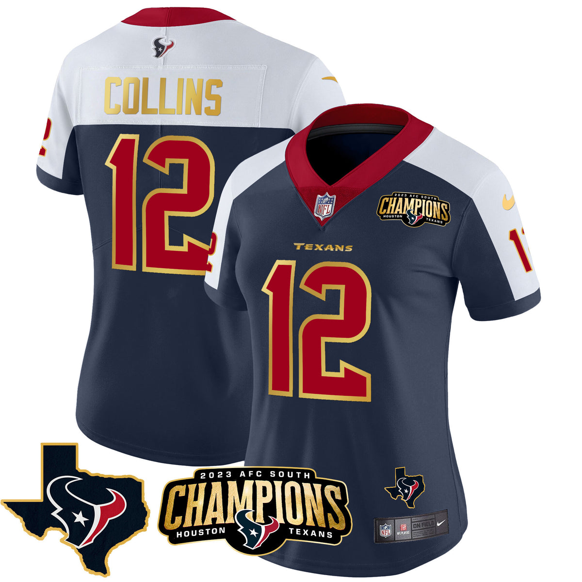 Women's Houston Texans 2023 AFC South Champions Patch Gold Trim Vapor Jersey - All Stitched - Alternate - Nico Collins — view 1