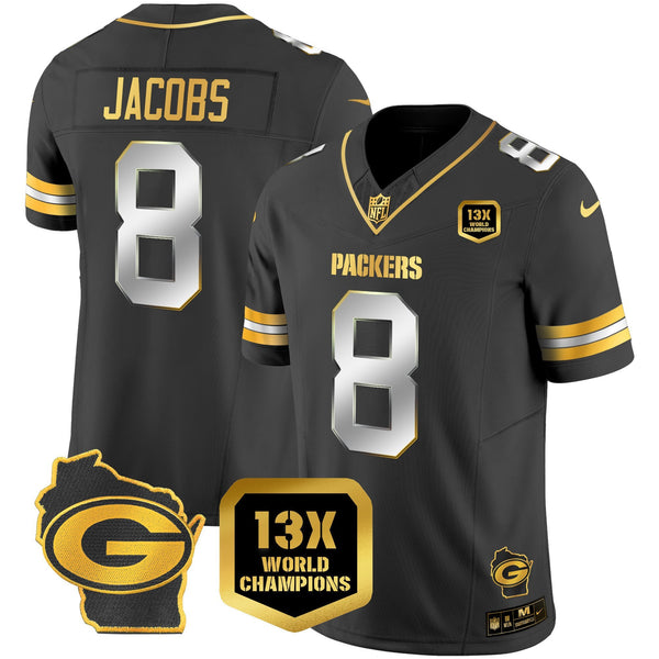 Men's Packers 13 Time World Champions & Home Patch Gold Vapor Jersey – All Stitched - Black Limited - Josh Jacobs — view 1