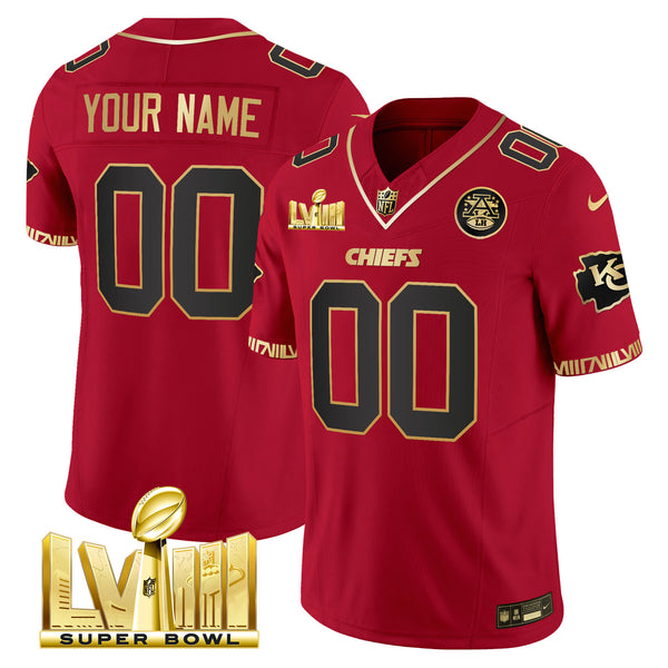 Chiefs Super Bowl LVIII Pattern Gold Vapor Custom Jersey - All Stitched - Red Gold — view 1