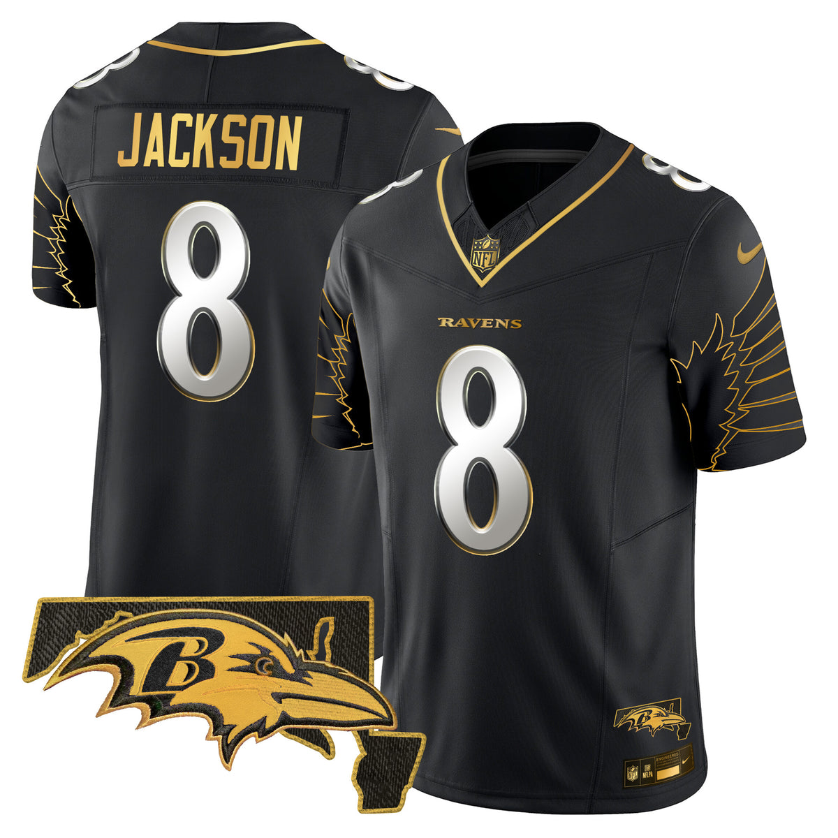 Men's Ravens Maryland Patch Gold Vapor Limited Jersey V2 - All Stitched - Black Limited - Lamar Jackson — view 1