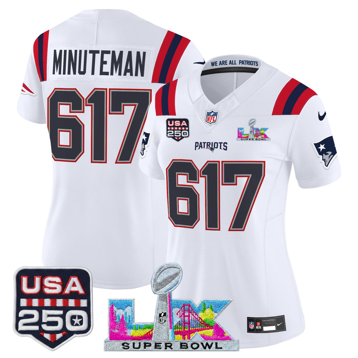 Women's New England Patriots Super Bowl LX & United States 250th Anniversary Patch Vapor Limited Jersey - All Stitched - White - Minuteman 617 — view 1