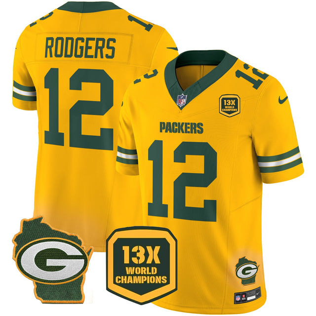 Men's Packers 13 Time World Champions & Home Patch Vapor Jersey – All Stitched - Gold - Aaron Rodgers — view 1