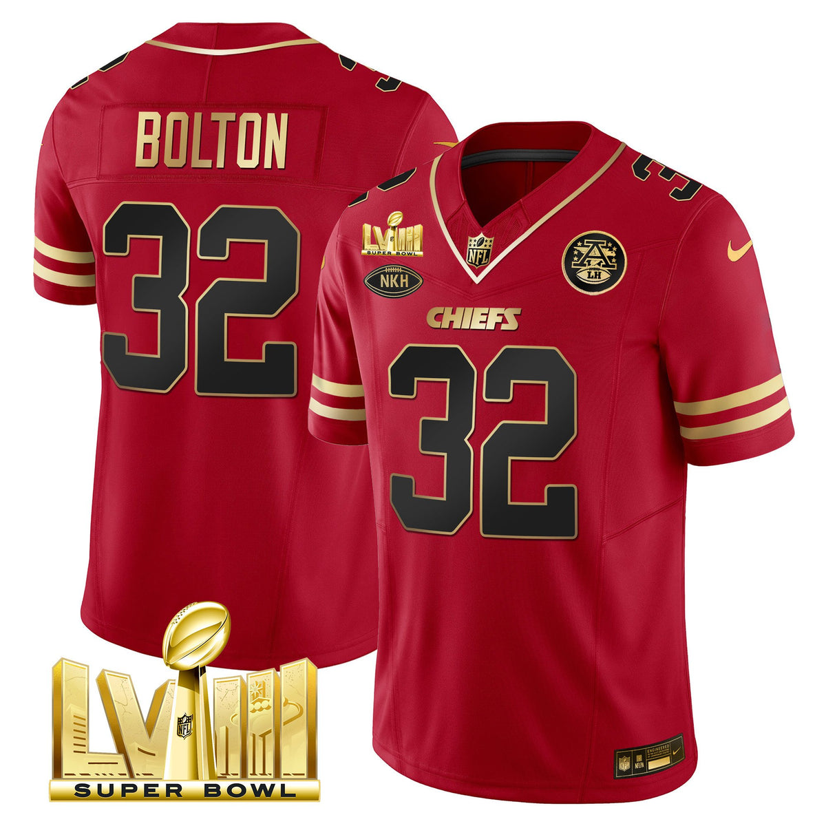 Men's Chiefs Super Bowl LVIII Gold Patch Vapor Jersey V2 - All Stitched - Black Red - Nick Bolton — view 1
