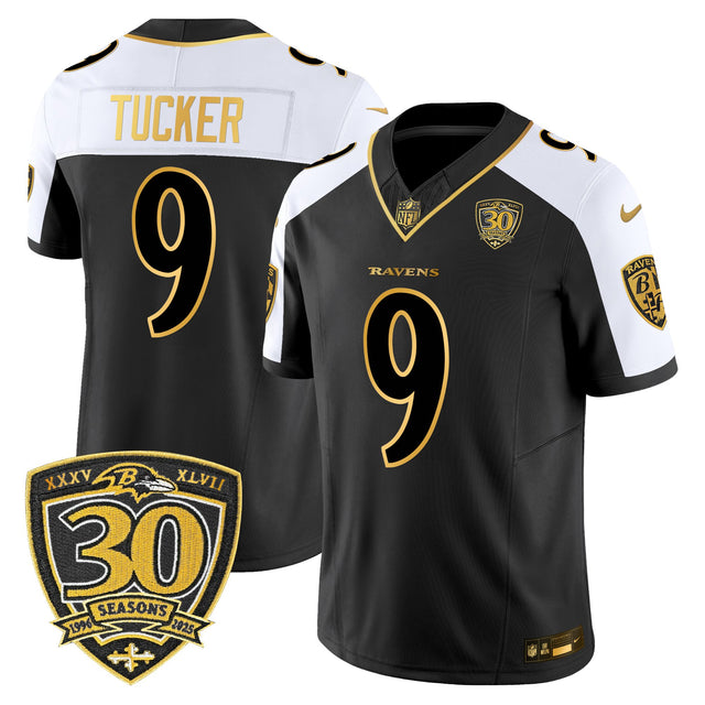 Men's Baltimore Ravens 2025 Gold Vapor Limited Jersey - 30th Anniversary Patch - All Stitched - Alternate - Justin Tucker — view 1