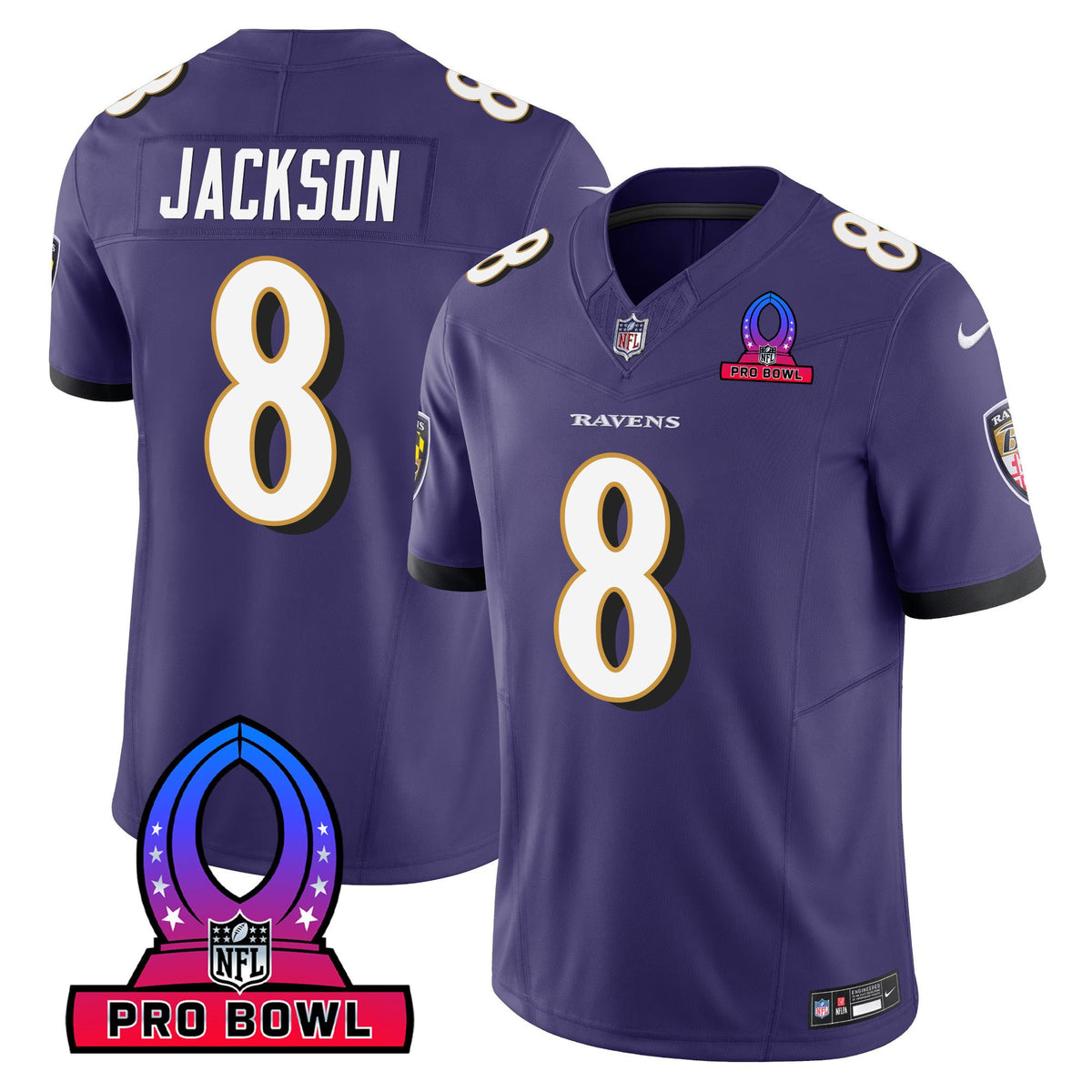 Men's Ravens 2024 Pro Bowl Patch Vapor Jersey - All Stitched - Purple - Lamar Jackson — view 1