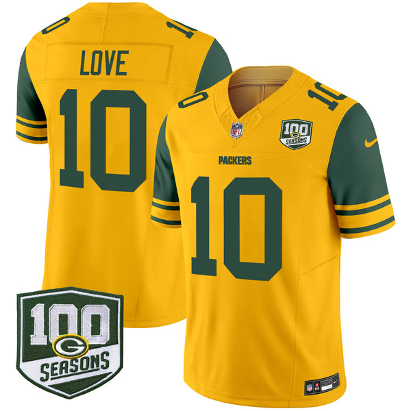 Men's Green Bay Packers Throwback 100th Season Patch Vapor Limited Jersey - All Stitched - Gold - Jordan Love — view 1