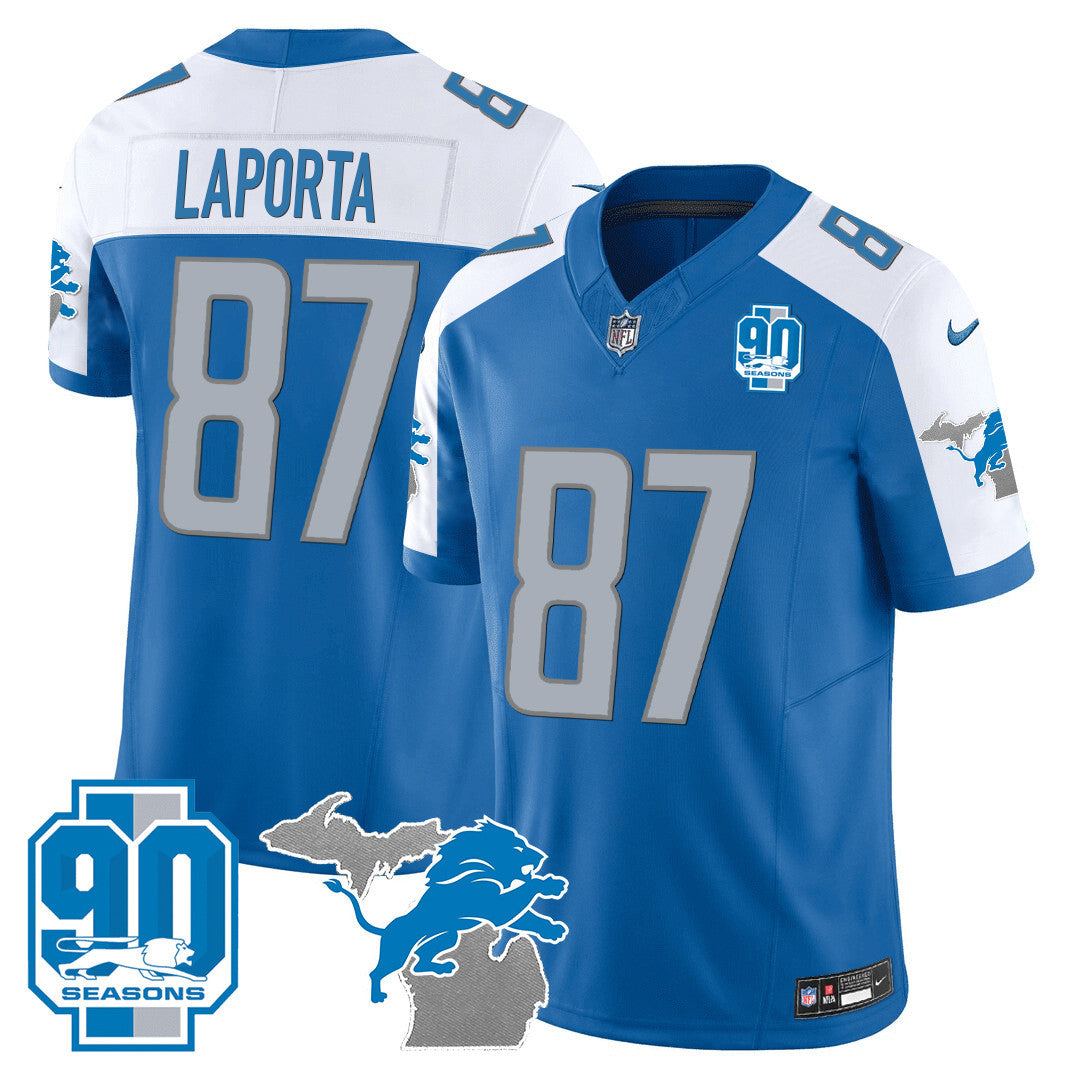 Men's Detroit Lions 90th Year & Michigan Patch Vapor Jersey - All Stitched - Blue Alternate - Sam Laporta — view 1