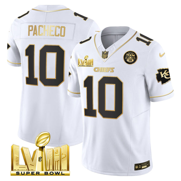 Men's Chiefs Super Bowl LVIII Gold Patch Vapor Jersey V4 - All Stitched - White Gold - Isiah Pacheco — view 1