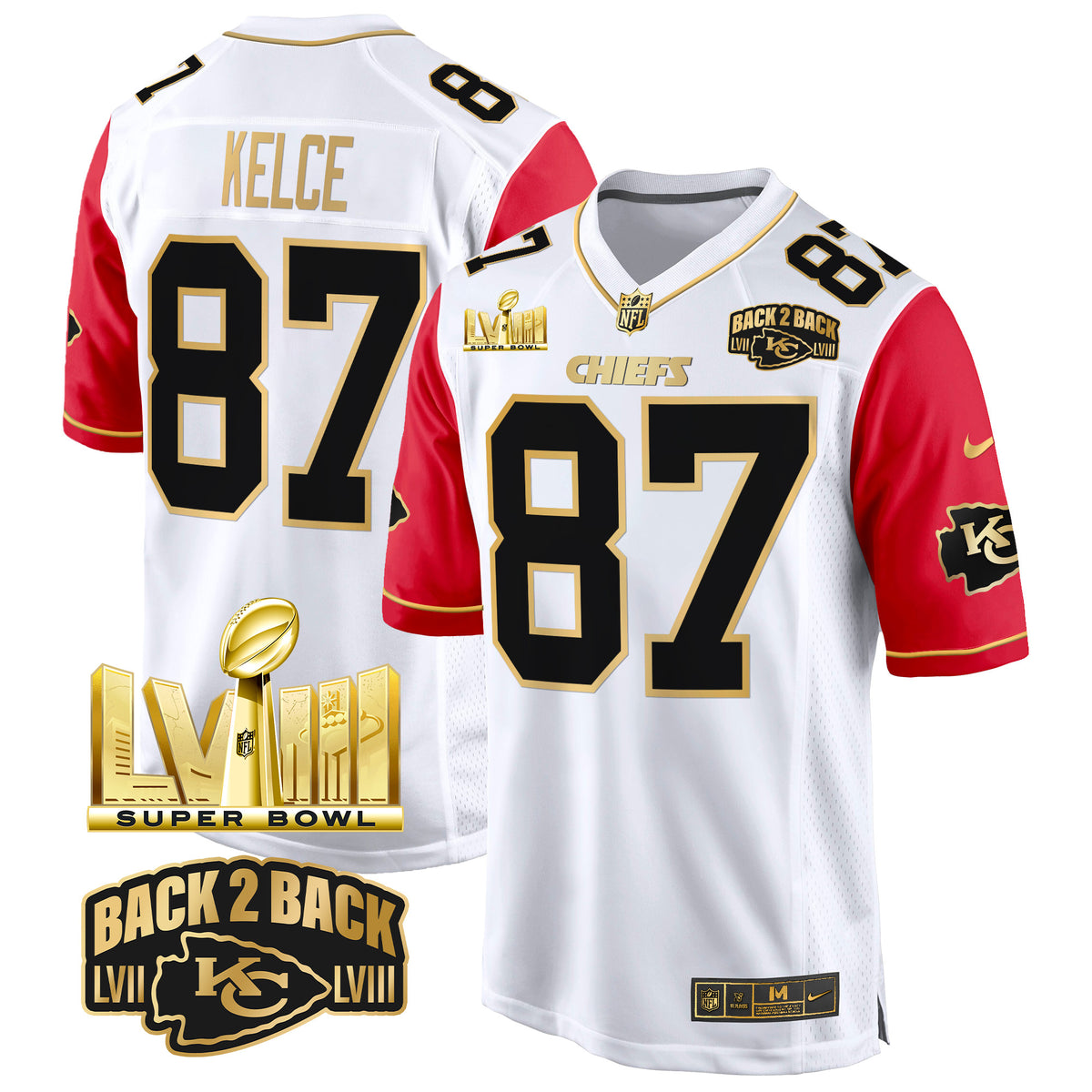 Men's Chiefs Super Bowl LVIII & Back 2 Back Gold Game Jersey - All Stitched - Color Sleeves - Travis Kelce — view 1