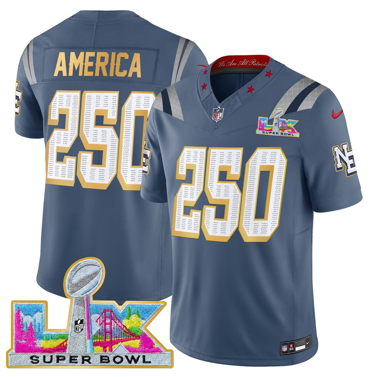 Men's New England Patriots Super Bowl LX Gold Trim Vapor Limited Jersey - All Stitched - Storm Blue - #250 America — view 1