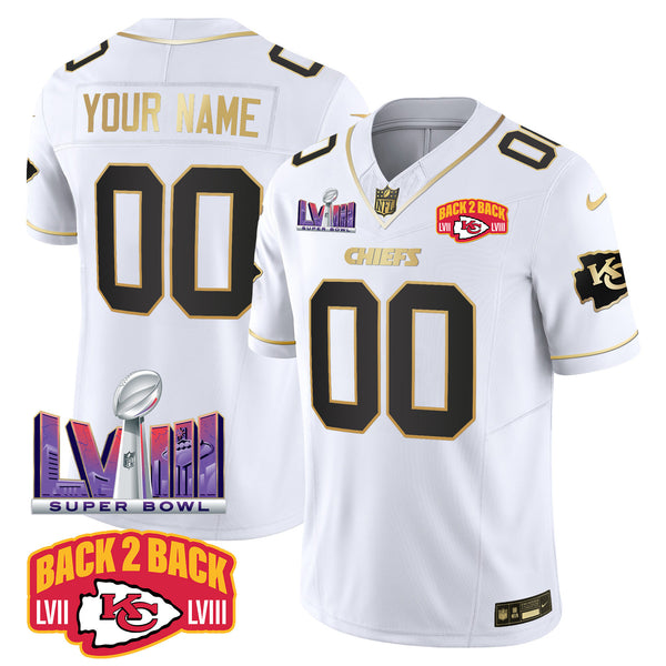 Chiefs Super Bowl LVIII & Back 2 Back Patch Vapor Custom Jersey V2 - All Stitched - White Gold — view 1