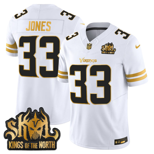 Men's Minnesota Vikings 2025 Gold Vapor Limited Jersey - Kings Of The North Patch - All Stitched - White Gold - Aaron Jones — view 1