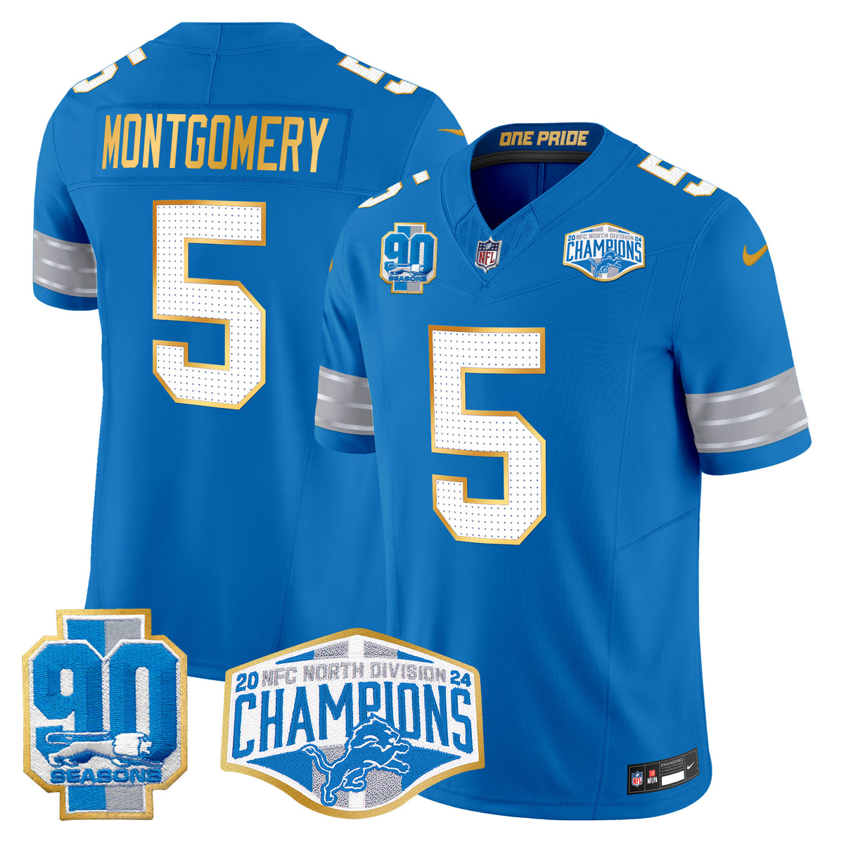 Men's Detroit Lions 2024 NFC North Division Champions Patch Gold Trim Vapor Limited Jersey - All Stitched - Blue - David Montgomery — view 1