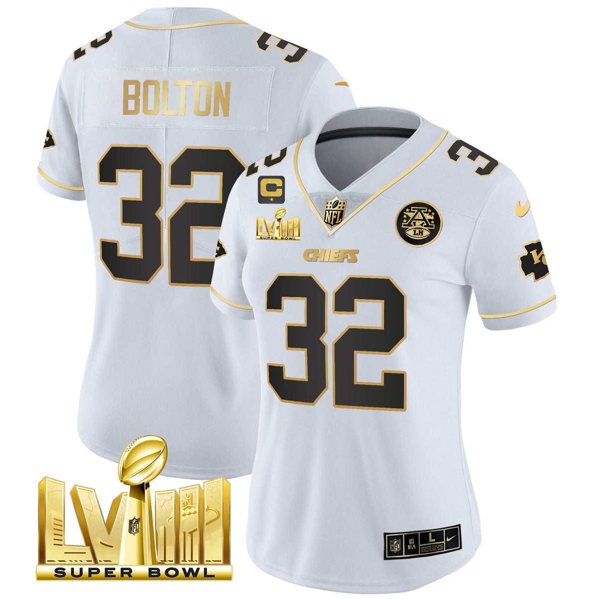 Women's Chiefs Super Bowl LVIII Gold Patch Vapor Jersey V4 - All Stitched - White Gold - Nick Bolton — view 1