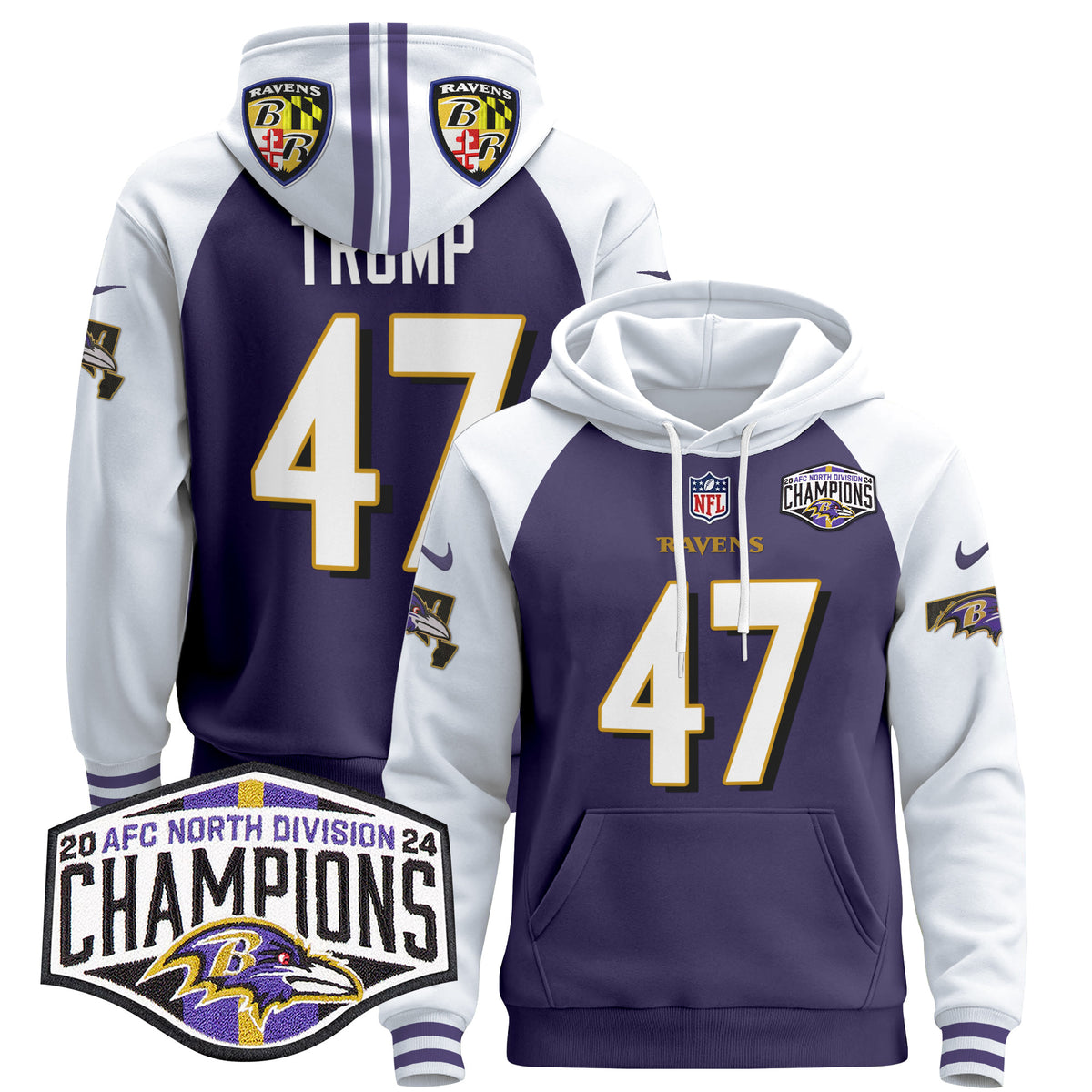 Men's Baltimore Ravens 2024 AFC North Division Champions Patch Pullover Hoodie V2 - All Stitched - Purple Alternate - Donald Trump — view 1