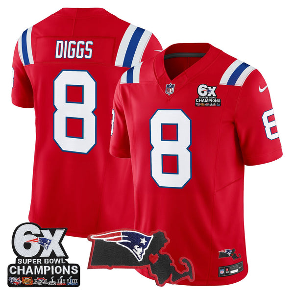 Men's New England Patriots 6-Time Champions & Massachusetts Patch Vapor Limited Jersey - All Stitched - Red - Stefon Diggs — view 1