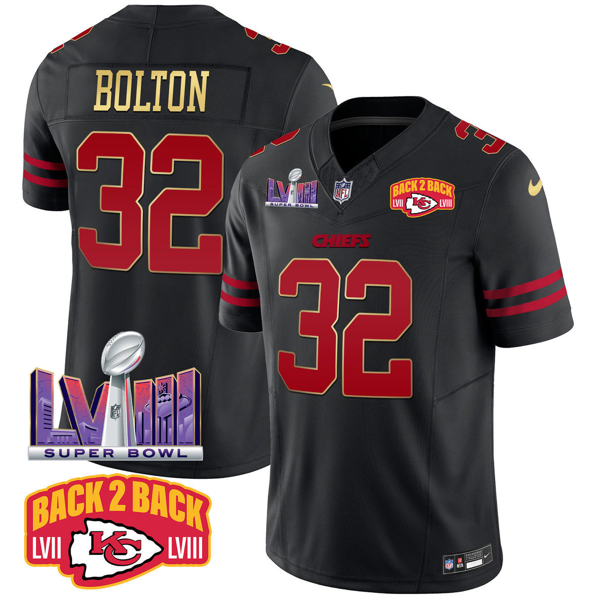Men's Chiefs Super Bowl LVIII & Back 2 Back Patch Vapor Jersey - All Stitched - Gold Trim - Nick Bolton — view 1