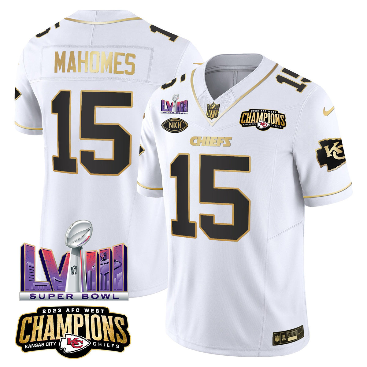 Men's Chiefs AFC West Champions & Super Bowl LVIII Patch Vapor Jersey V2 - All Stitched - White Gold - Patrick Mahomes — view 1