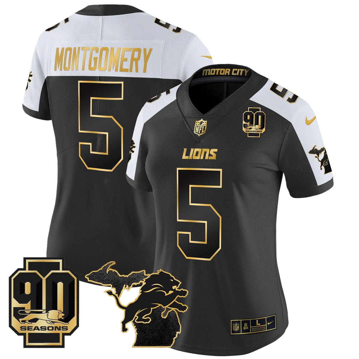Women's Detroit Lions 2024 Michigan & 90th Year Patch Gold Vapor Limited Jersey - All Stitched - Alternate - David Montgomery — view 1