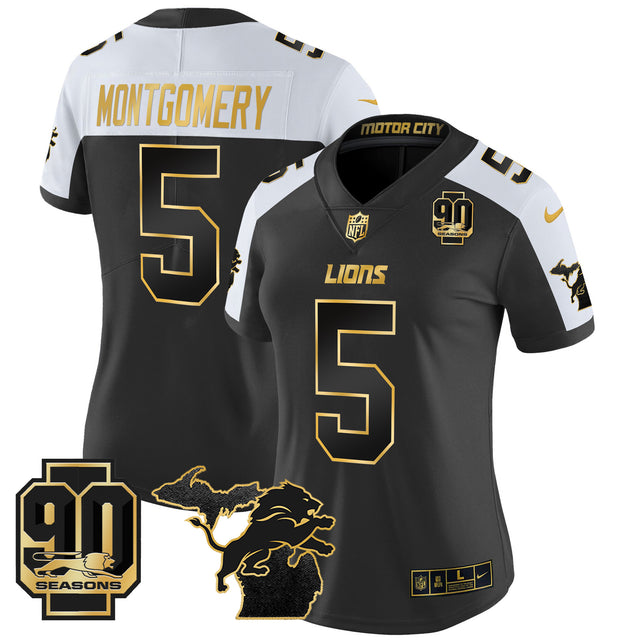 Women's Detroit Lions 2024 Michigan & 90th Year Patch Gold Vapor Limited Jersey - All Stitched - Alternate - David Montgomery — view 1