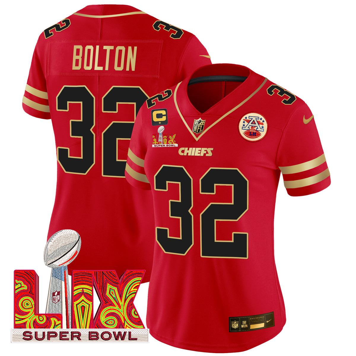 Women's Chiefs Super Bowl LIX Patch Gold Trim Vapor Limited Jersey - All Stitched - Red - Nick Bolton — view 1