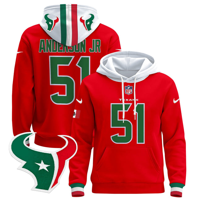 Men's Houston Texans Mexico 2024 Pullover Hoodie - All Stitched - Red - Will Anderson Jr — view 1