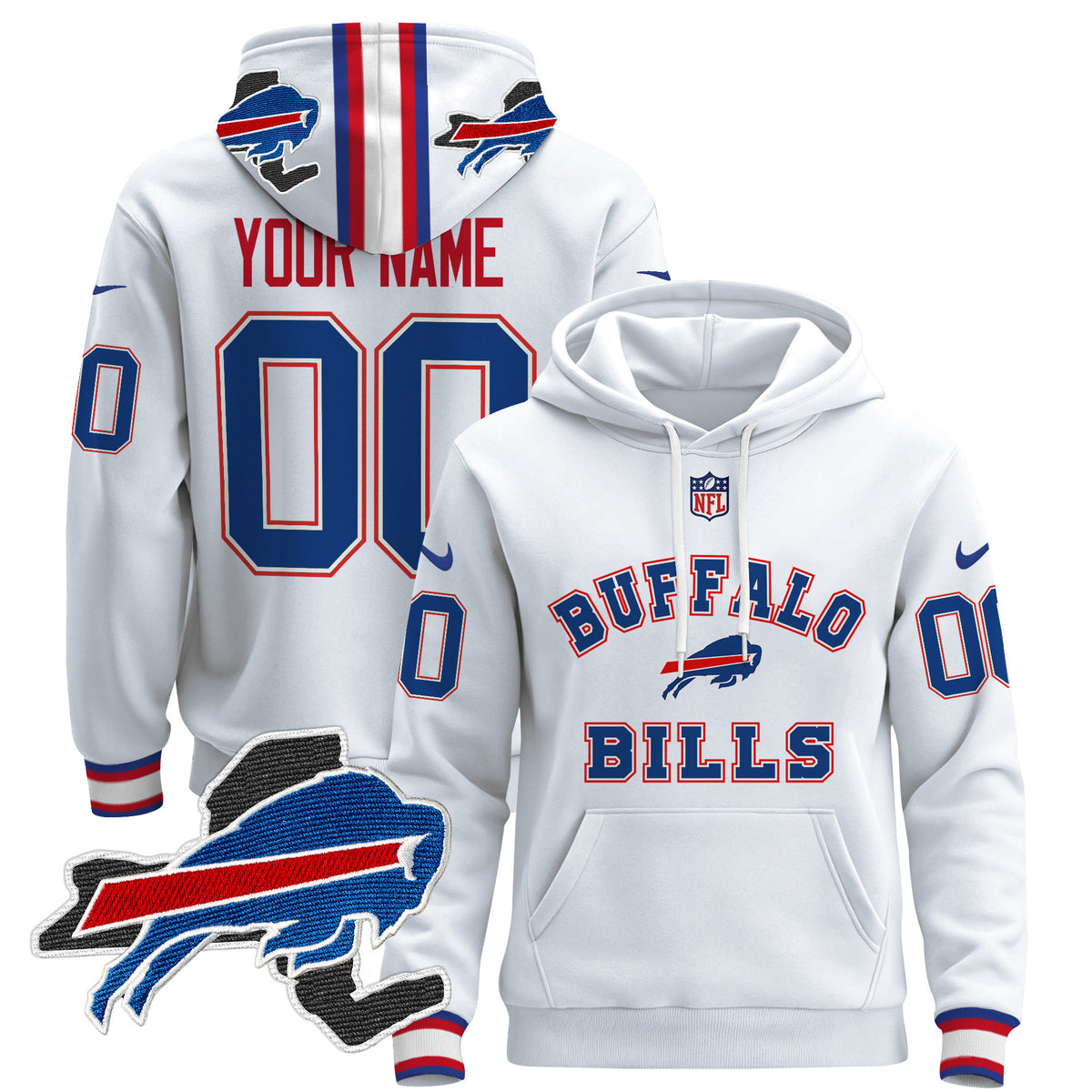 Buffalo Bills 2024 Custom Pullover Hoodie V4 - All Stitched - White — view 1