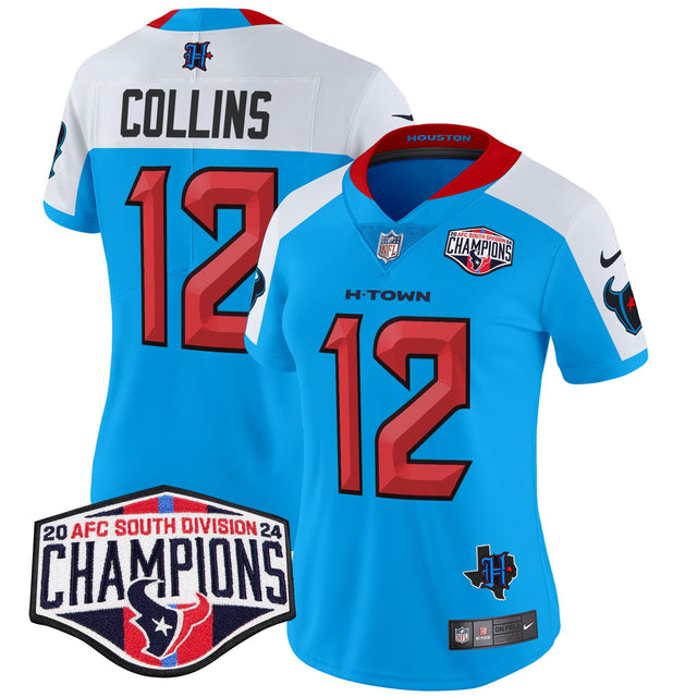 Women's Houston Texans 2024 AFC South Division Champions Patch Vapor Limited Jersey - All Stitched - Blue Alternate - Nico Collins — view 1