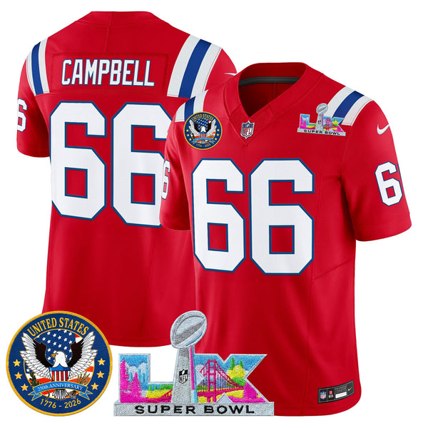 Men's New England Patriots Super Bowl LX & United States 250th Patch Vapor Limited Jersey - All Stitched - Red - Will Campbell — view 1