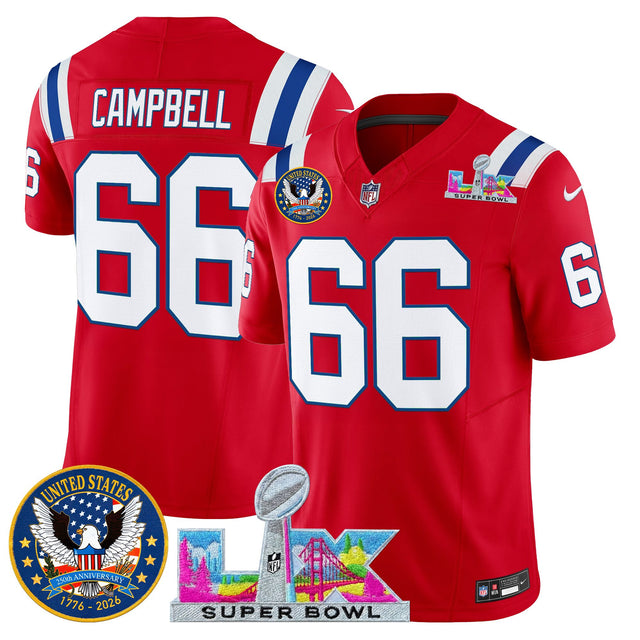 Men's New England Patriots Super Bowl LX & United States 250th Patch Vapor Limited Jersey - All Stitched - Red - Will Campbell — view 1