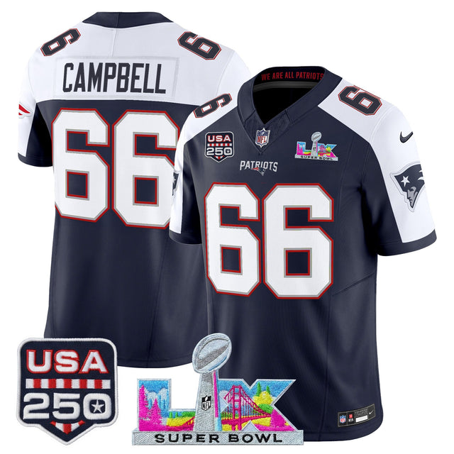 Men's New England Patriots Super Bowl LX & United States 250th Anniversary Patch Vapor Limited Jersey - All Stitched - Navy Alternate - Will Campbell — view 1